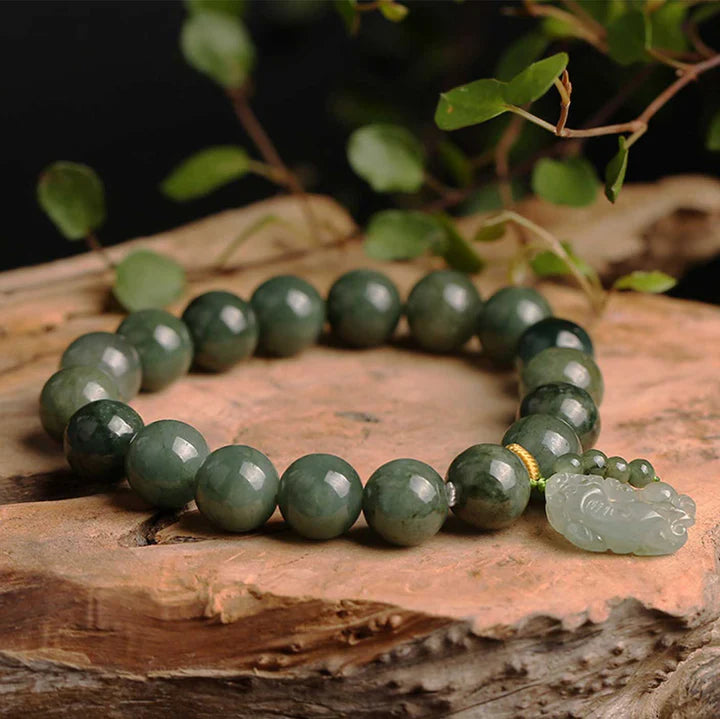 Green Jade Bracelet with Pixiu - Invite Wealth & Calming Energies