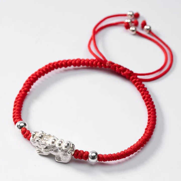 Red String Silver Pixiu Bracelet - Attract Windfall Luck